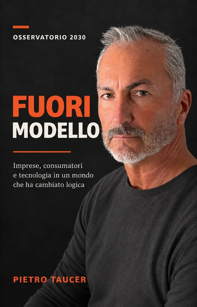 Copertina originale di Fuori Modello: fondo nero, ritratto di Pietro Taucer, titolo arancione e bianco, Osservatorio 2030
